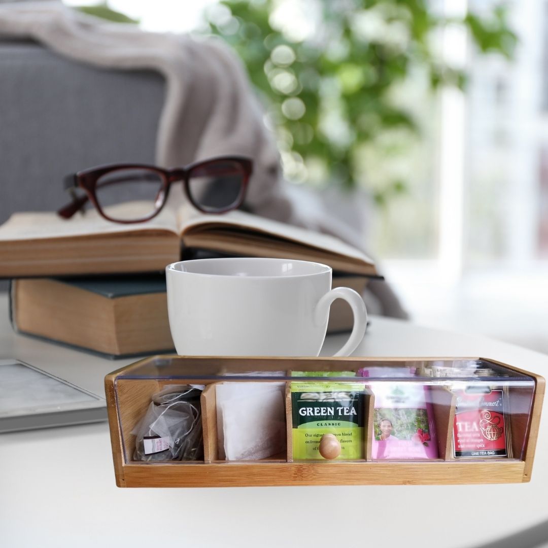 A Bamboo separated flip tea box Wooden packaging box 5 compartments storage with transparent acrylic board tea bag storage