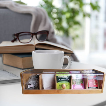 A Bamboo separated flip tea box Wooden packaging box 5 compartments storage with transparent acrylic board tea bag storage