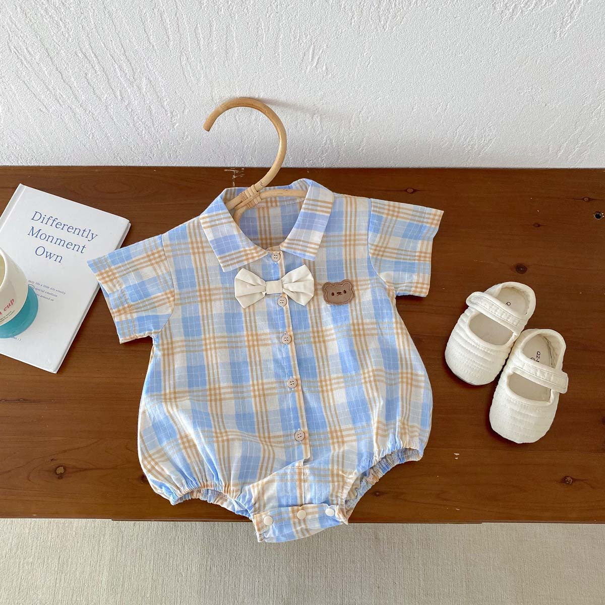 A 2024 Baby Boys Sweetheart Summer Baby Clothing Cute Little Bear Checkered Short Sleeves One Piece Pack Fart Sweetheart Siblings - Mixbatch