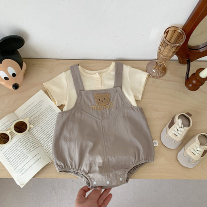 A 2024ins New Baby Bear Sweetheart Backband Pants Set Solid Color Short sleeved T-shirt Fashionable Boys and Girls Children's Clothing - Mixbatch