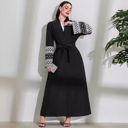 Middle Eastern Muslim Fashion Elegant Cardigan Embroidered Belt Dress Pocket Robe - Mixbatch