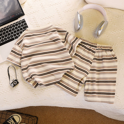 A Children's clothing summer new 0-5 year old children's boys and girls striped letter short-sleeved shorts 2-piece set