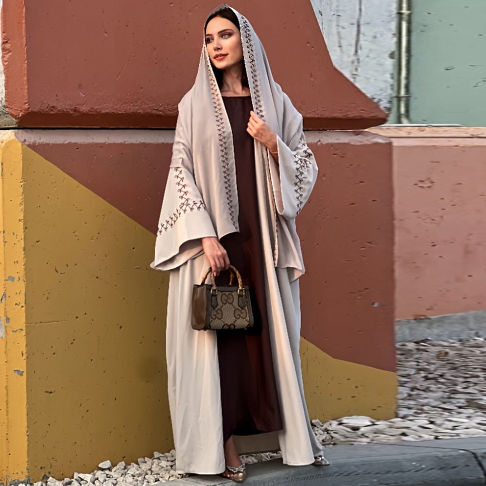 Women's Abaya Middle East Muslim Turban Cardigan Embroidered Dress Arabian Robe Bat Sleeve Overcoat Cross-Border - Mixbatch
