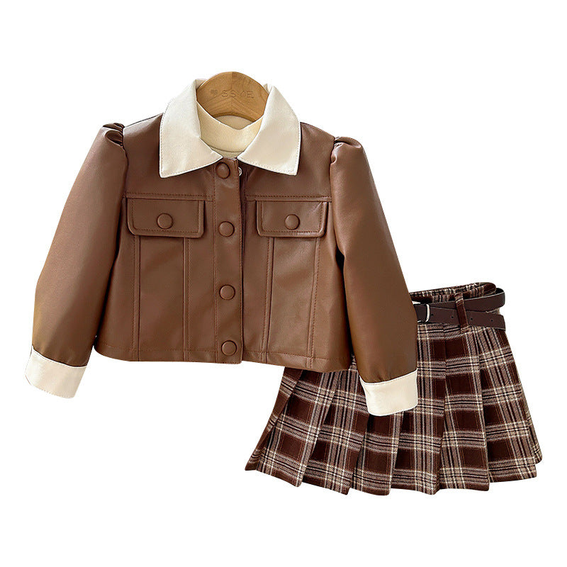 A children's leather jacket skirt set