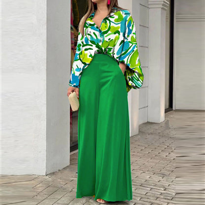 A printed shirt temperament elegant wide-leg pants fashion casual suit
