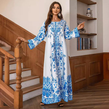A ZD029 Middle Eastern Muslim Robe High Density Hot Diamond Bead Women's Blue and White Porcelain Elegant Crew Neck Dress Abaya