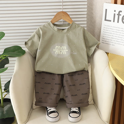 A summer new model 0-4 years old medium and small children boys and girls printed letter short-sleeved two-piece summer t-shirt set