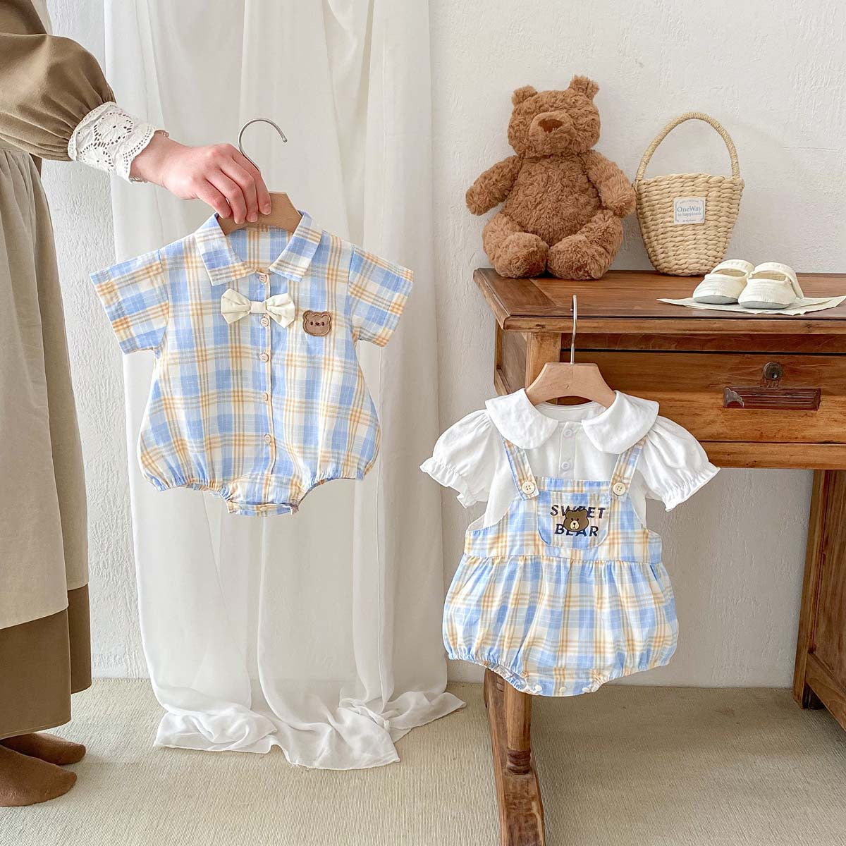 A 2024 Baby Boys Sweetheart Summer Baby Clothing Cute Little Bear Checkered Short Sleeves One Piece Pack Fart Sweetheart Siblings - Mixbatch