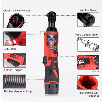 A 3/8 inch cordless electric wrench 65Nm right angle ratchet wrench 12V rechargeable car maintenance angle wrench