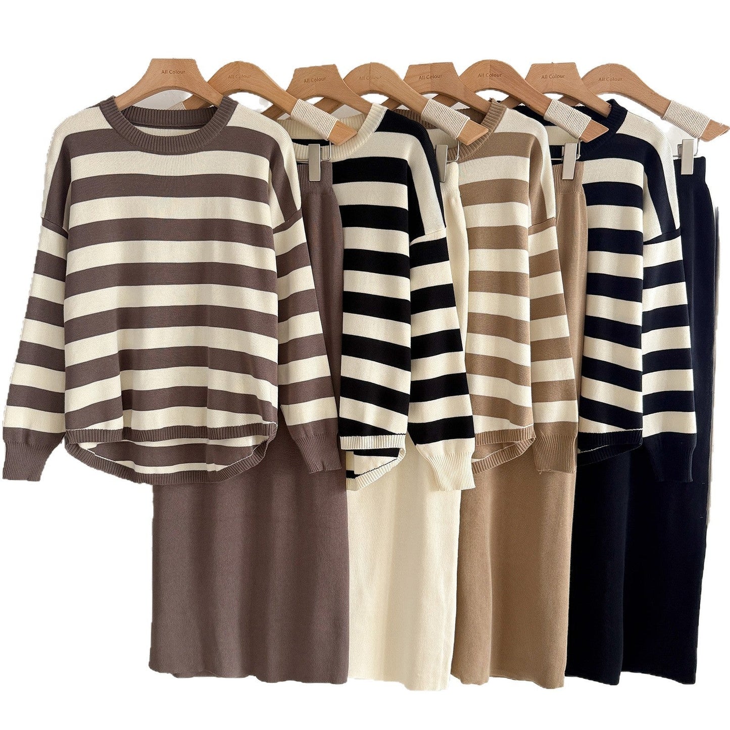 A Knitted long-sleeved top skirt two-piece set