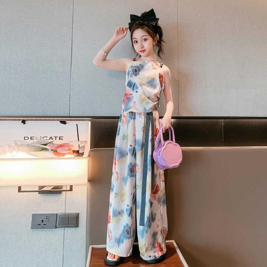 A new Internet celebrity children's fashionable foreign style middle-aged children's summer wide-leg pants two-piece trendy