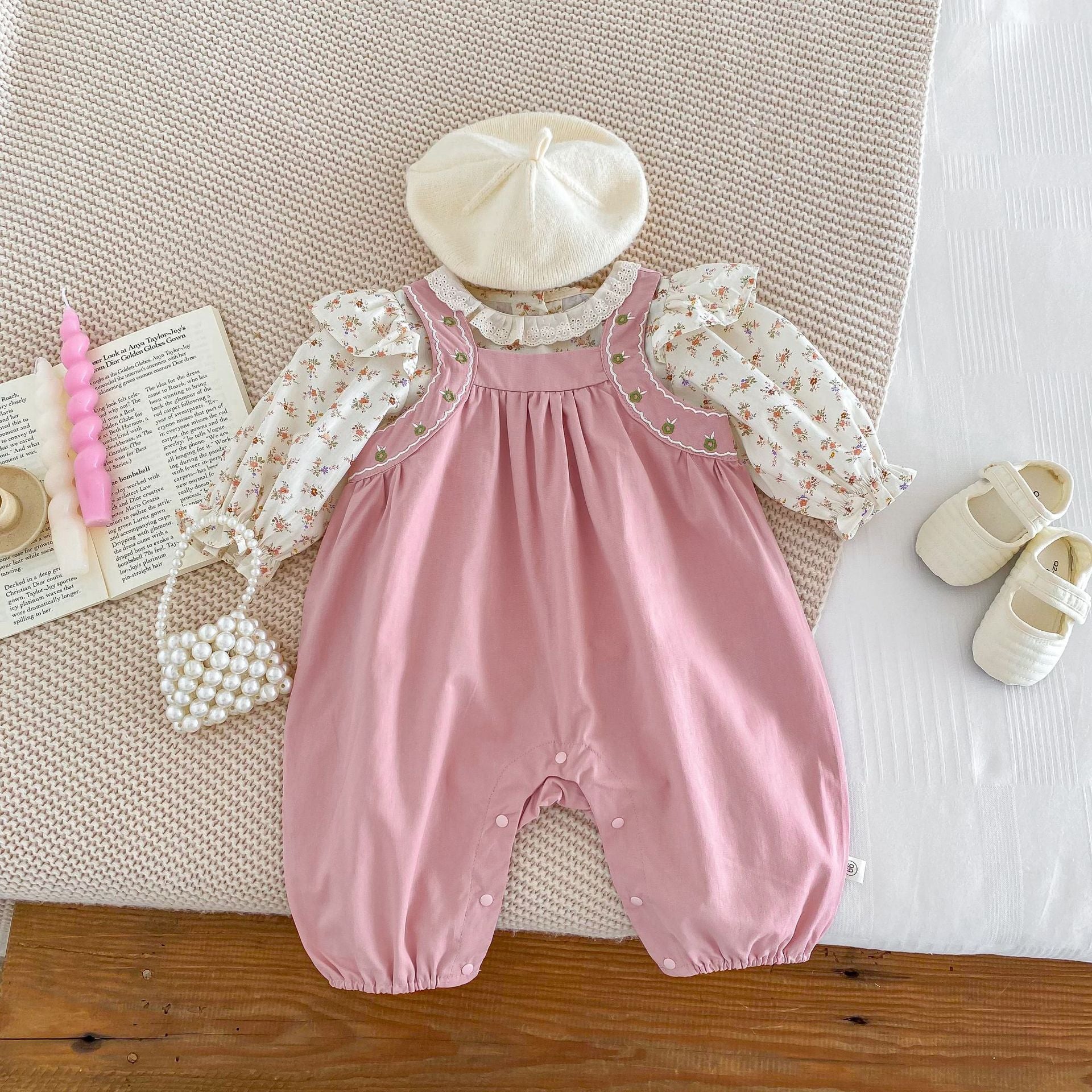 A Baby one-piece bib pants girl one-piece crawler suit floral shirt set baby foreign style outing two-piece set - Mixbatch