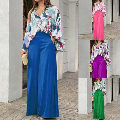 A printed shirt temperament elegant wide-leg pants fashion casual suit