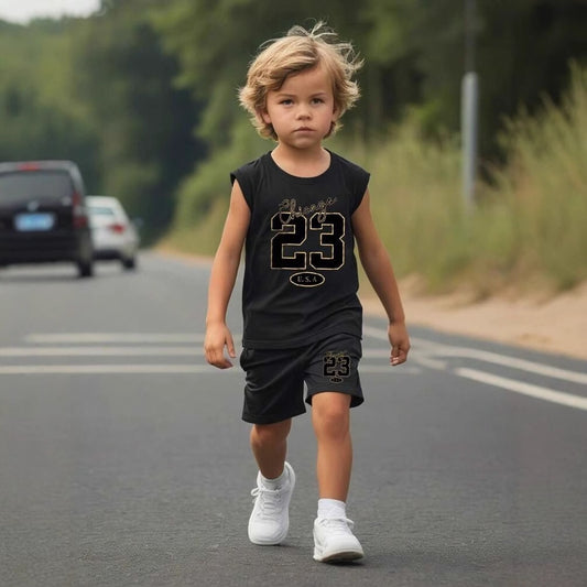 A European, American and foreign trade Amazon summer new hot sale No. 32 printed children's clothing set short-sleeved T-shirt shorts medium and old children