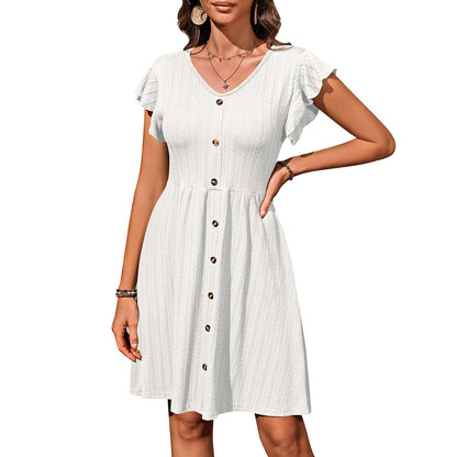 Europe, America, cross-border 2025 Amazon summer new women's clothing V-neck button waist elastic short-sleeved dress women - Mixbatch
