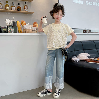 A girls summer suit, new children's foreign style lace short-sleeved top, older children's fashionable jeans two-piece set