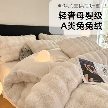 Class A 400 high gram weight light luxury sense of luxury winter thickened rabbit rabbit down four-piece set milk velvet warm quilt cover solid color 4.0kg - Mixbatch