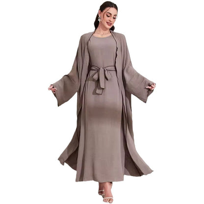 Women's Middle Eastern Muslim Clothing Fashion Elegant Cardigan Dress Belt Robe - Mixbatch