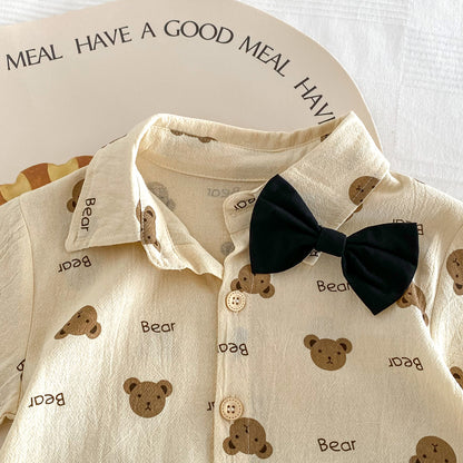 A 2024 Summer Boys Gentlemen's Necktie Short sleeved Shirt Shorts Set for Children's Korean Little Bear Print Two Piece Set - Mixbatch