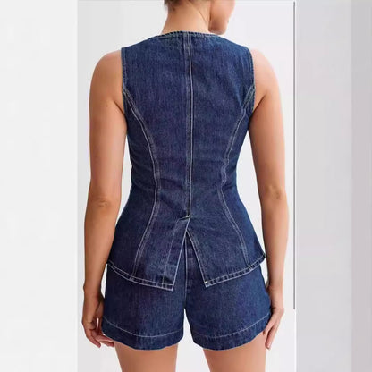 Summer Fashion Sleeveless Casual High Waist Denim Shorts Set - Mixbatch