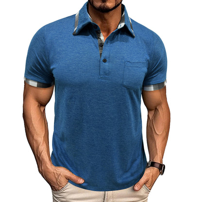 A European and American men's clothing summer lapel plaid short-sleeved POLO shirt top cross-border men's pocket fashion polo jersey Henry