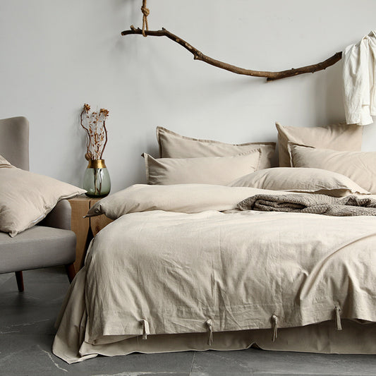 Minimalist Japanese Linen Four Piece Bedding Set Solid Color Button Cotton Linen Bed Sheet and Duvet Cover 1.8 Home Textile Bedding - Mixbatch
