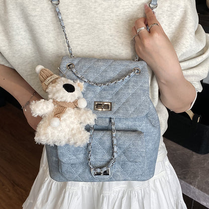 A denim texture small fragrant wind rhombus chain portable small bag fashionable commuter versatile backpack