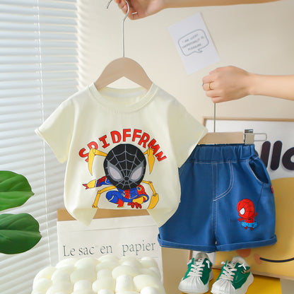 A summer new boys cartoon round neck short-sleeved suit boys casual denim shorts two-piece set hair