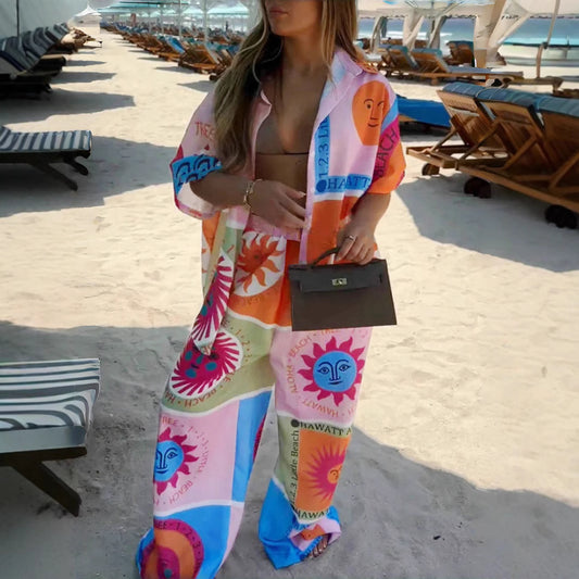 A new independent station holiday style sun and moon print women's suit shirt and wide-leg pants