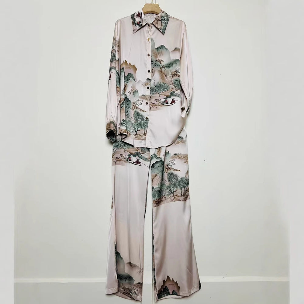 A Women's Retro Geometric Printed Lapel Shirt Two-piece Set + Loose Straight Pants Fashion Set