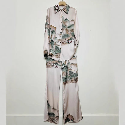A Women's Retro Geometric Printed Lapel Shirt Two-piece Set + Loose Straight Pants Fashion Set