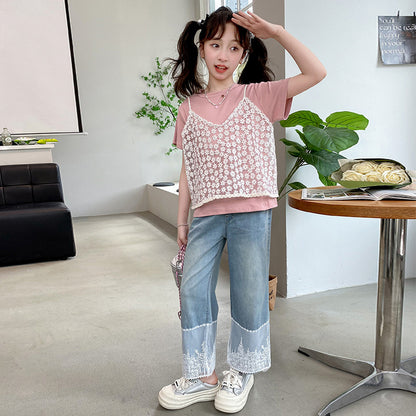 A girls summer suit, new children's foreign style lace short-sleeved top, older children's fashionable jeans two-piece set