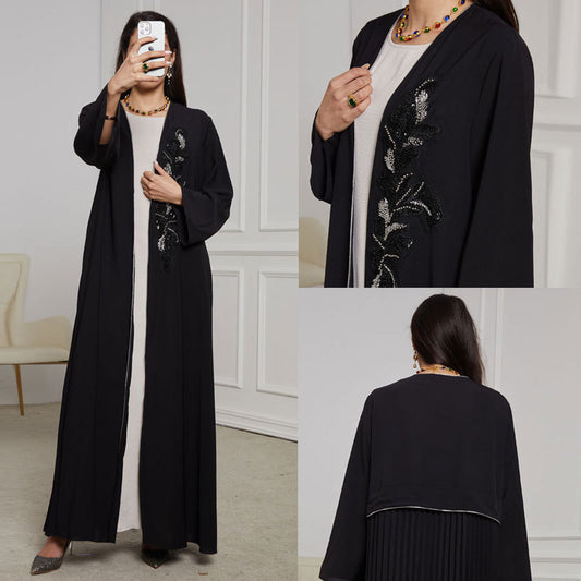 New handmade beaded Middle Eastern Muslim clothing long dress fashionable and elegant cardigan crumpled dress robe - Mixbatch
