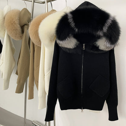 A autumn and winter new knitted sweater women's Korean version removable oversized real fox fur collar hooded knitted cardigan jacket