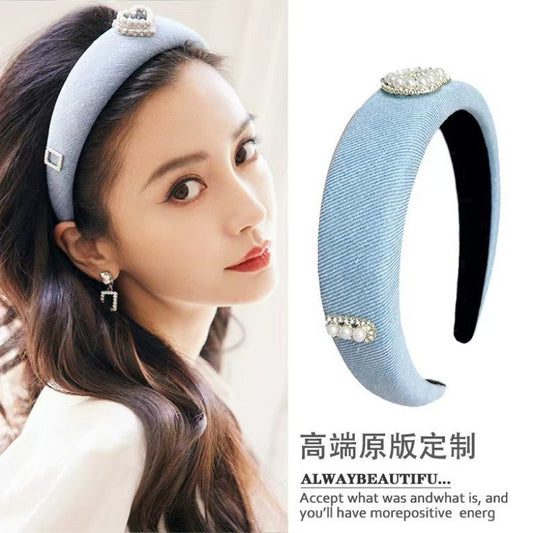 A Denim Blue High Cranium Headband Spring and Summer Daily Out Temperament Hair Accessories Premium Sense Wide Edge Headband