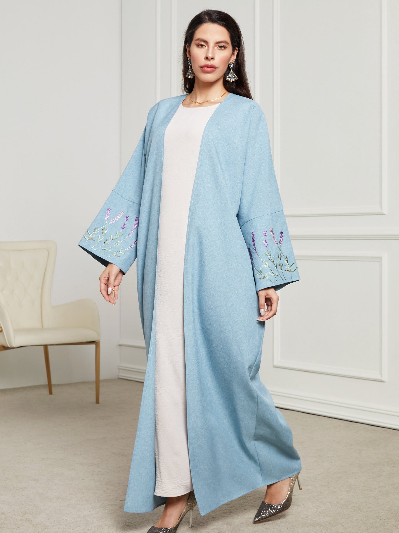 Spring and summer new robe Middle Eastern Muslim fashion embroidery elegant cardigan long skirt bat sleeve dress - Mixbatch
