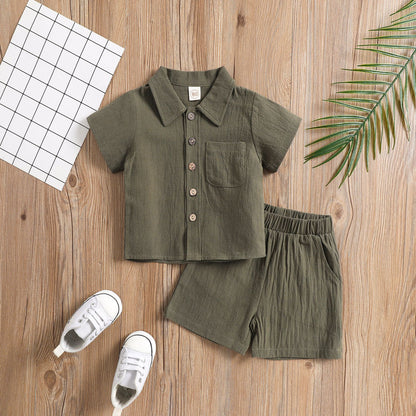 A Boys Cotton and Linen Polo Shirt Solid Color Two-piece Set - Mixbatch