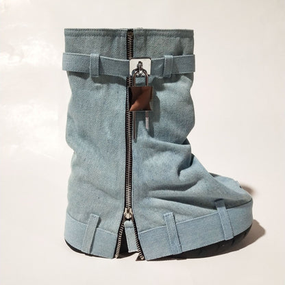 A foreign trade new denim platform shark buckle lock trouser skirt round head women's boots large size short wedge heel women's shoes