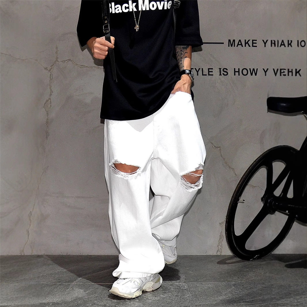 A white ripped wide-leg jeans loose straight