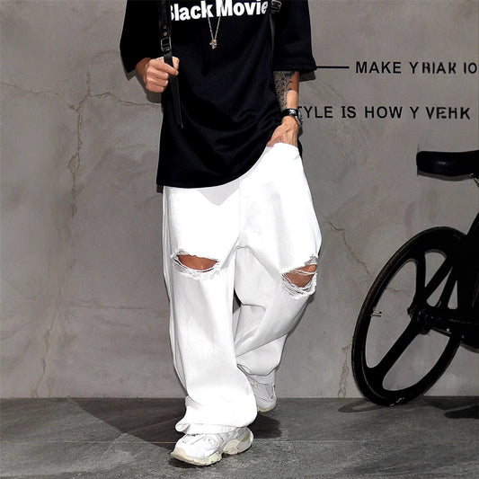 A white ripped wide-leg jeans loose straight