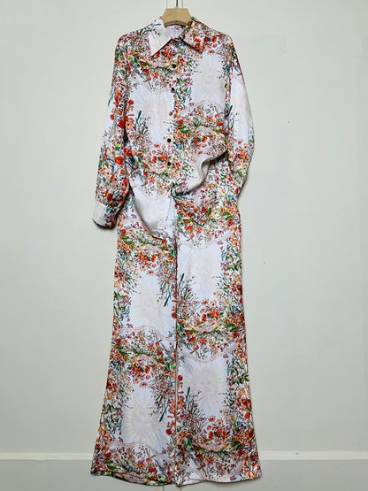 A Women's Retro Geometric Printed Lapel Shirt Two-piece Set + Loose Straight Pants Fashion Set