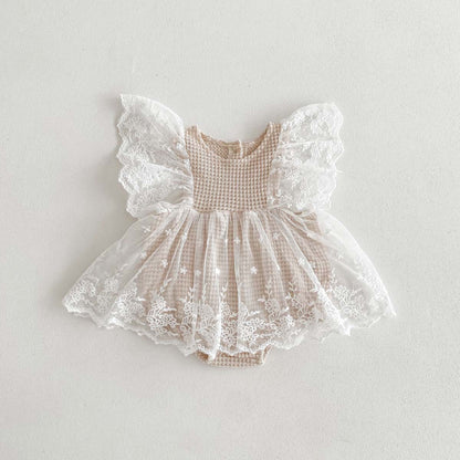 A Baby Bodysuit Korean Edition Girl Baby Lace Summer Flying Sleeves Wrapped Fart Coat Newborn Centenary Princess Harp Dress - Mixbatch