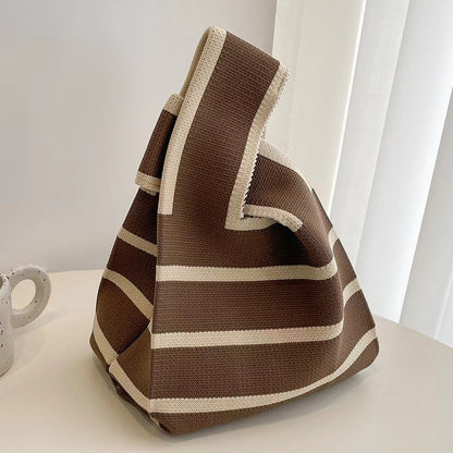 A Internet celebrity handbag women's knitted wool bucket bag Japanese and Korean version versatile hand carry casual tote bag box lunch bag y