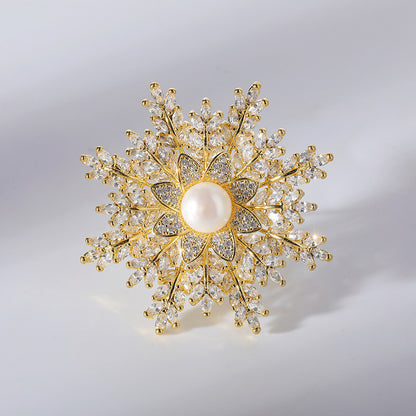 A European and American trend popular snowflake brooch, super flash zircon freshwater pearl brooch celebrity accessories - Mixbatch