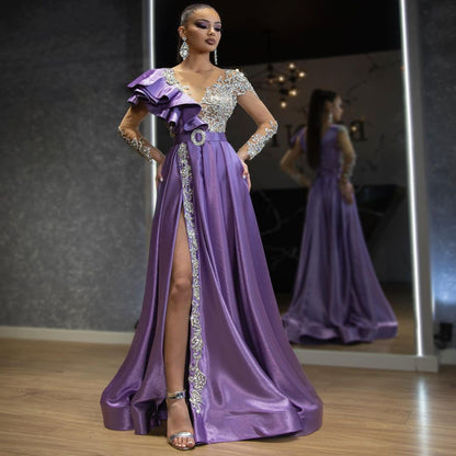 A European and American women's evening dress women's gold purple sequined dress