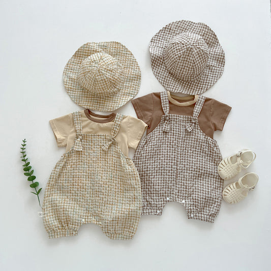 A children&#039;s summer Korean plaid bib suit ins baby boy and girl baby round neck T-shirt two-piece hat - Mixbatch