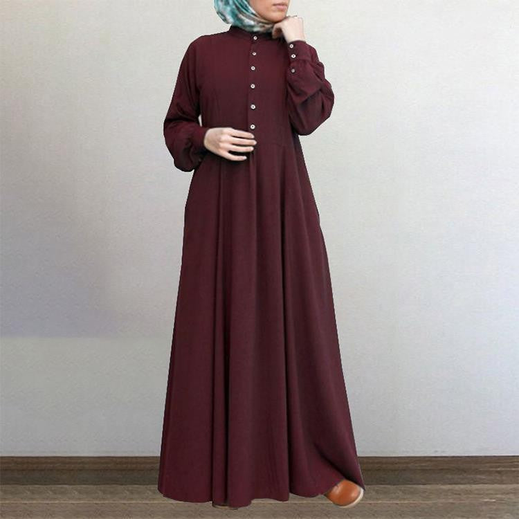 Europe, America, Central and Southeast Asia Autumn and Winter Casual National Style Retro Cardigan Crew Neck Pendulum Dress Muslim Women's Clothing - Mixbatch