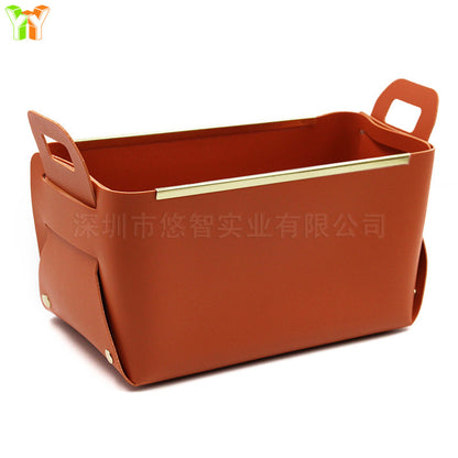 A leather sock storage basket