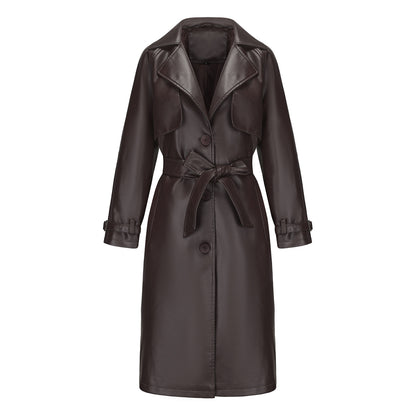 A women's long PU leather jacket