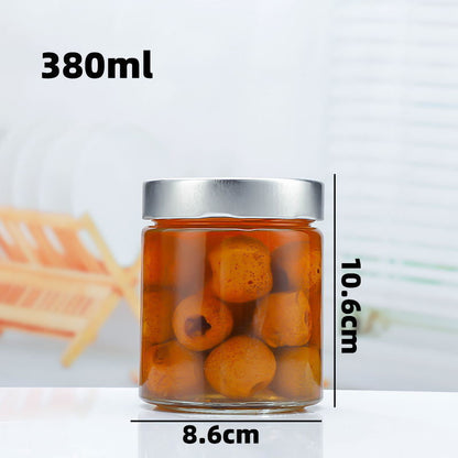 A 500ml high cover honey glass bottle 380ml round sauce bottle kitchen sealed storage tank yellow peach canned bottle wholesale - Mixbatch